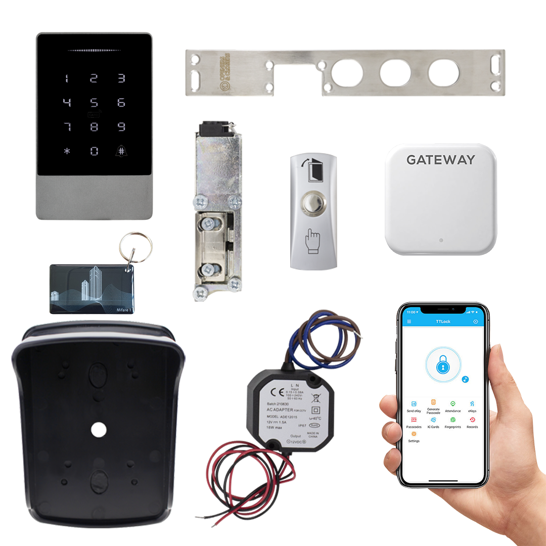 Kit009 - Para uso exterior, Fonte IP67, Controlo de acessos por telemóvel, Trinco/Testa Eléctrica para portas blindadas esquerdas, Espelho de 3 furos incluído, Com botão de saída Interior